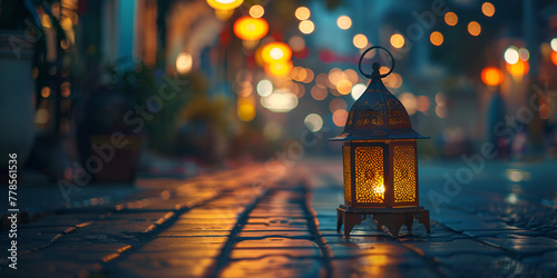 Elegant Illumination: A Glittering Lantern Graces the Ground in a Ramadan and Eid Night Bokeh, Symbolizing the Radiance of Eid ul Fitr
