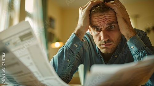 Stressed Man Reviewing Financial Documents at Home