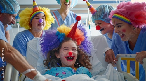 A young girl in a hospital bed is joyfully surprised by doctors dressed in colorful wigs and clown noses for her birthday celebration ,4K, HD, low noise