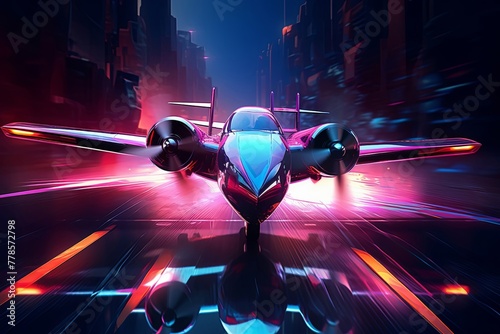Abstract colorful aircraft or plane landing to the ground, isolated on dark reflective background. Concept of futuristic, fast, speed movement. Generative AI.