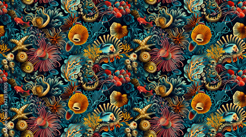 Fictional sea creatures wallpaper, seamless pattern, sea creatures background, weird sea lifeforms, deep-sea aliens, fantasy sea creatures, marine life