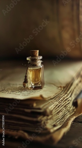 A tiny, viallike perfume bottle, tucked into the pages of a wellworn diary, holding secrets and memories more potent than its fragrance hyper realistic