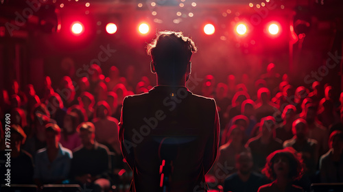 A charismatic actor delivering a powerful performance on stage in front of a captivated audience.