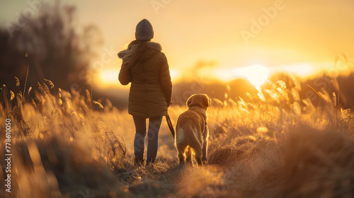 People walking dogs in the evening