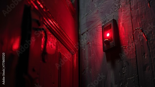 A red alarm light on the wall turns off with a click, indicating the security system has been bypassed. The door creaks open ajar.