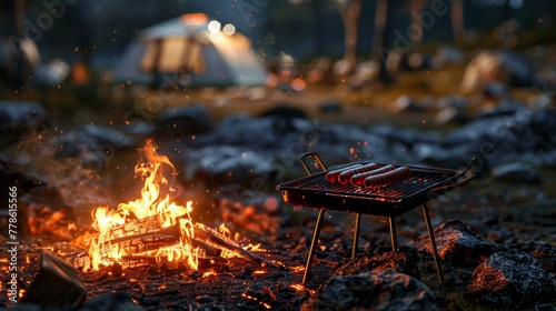 Camping Adventure with a portable grill placed over the embers, perfect for grilling hot dogs and marshmallows