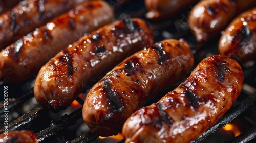 Close-up shot of plump sausages with visible grill marks, glistening with a glaze.