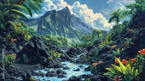 A dramatic volcanic landscape with black rock formations, lush vegetation growing around the base, and vibrant tropical flowers adding a pop of color. 