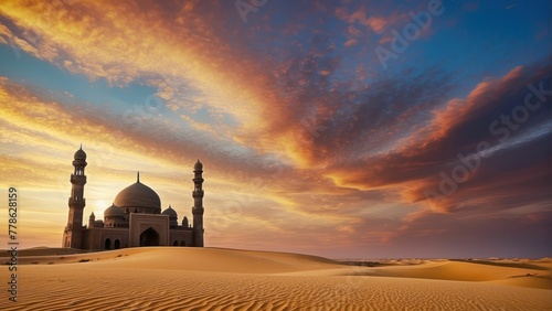 Majestic mosque silhouette at sunrise