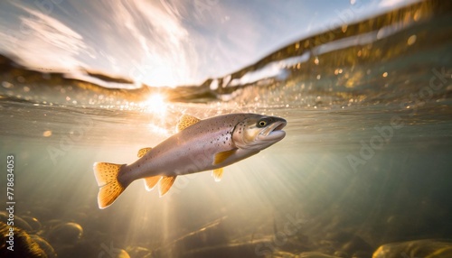 under water view of rainbow trout swimming with sun rays in the background