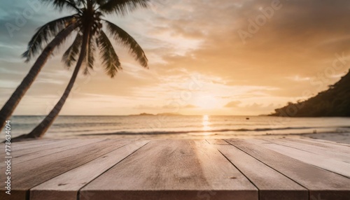empty wooden table with tropical beach theme in background