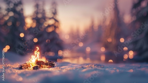A small campfire burns brightly in the snowy field during twilight, casting a warm glow on the white landscape