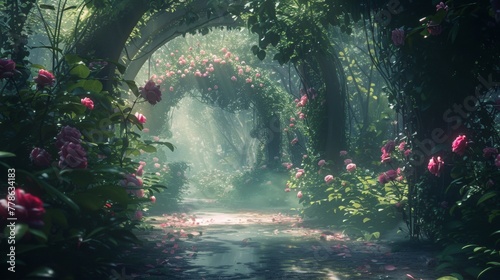A dense forest filled with brightly colored arches with flowers blooming profusely in every direction. 