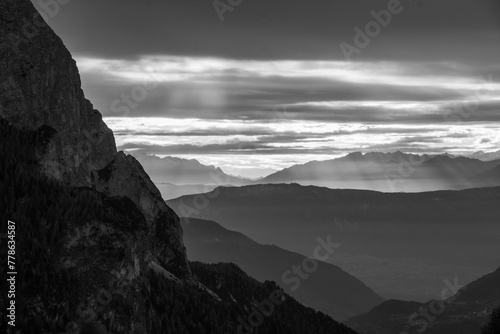 Ethereal black and white Dolomite mountain silhouette, Italy