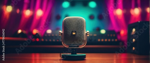 Silver microphone standing alone with a soft lit concert stage backdrop portraying the calm before the storm