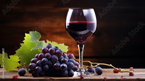 Fresh grape bunch on rustic table wineglass filled with cabernet sauvignon 