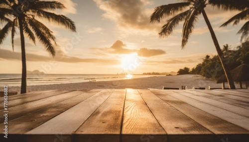 empty wooden table with tropical beach theme in background