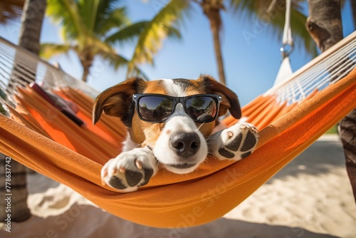 jack russell dog in a hammock on a tropical beach