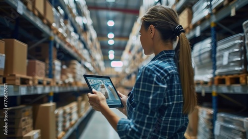 A female worker holding a tablet with an AR remote control application using an AGV robot in a retail warehouse. Women Controlling Automated Guided Vehicles With Products.