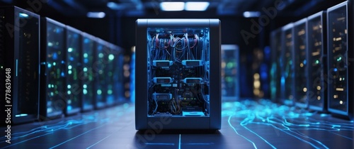 A futuristic data center with servers and glowing blue lights showcasing high tech infrastructure