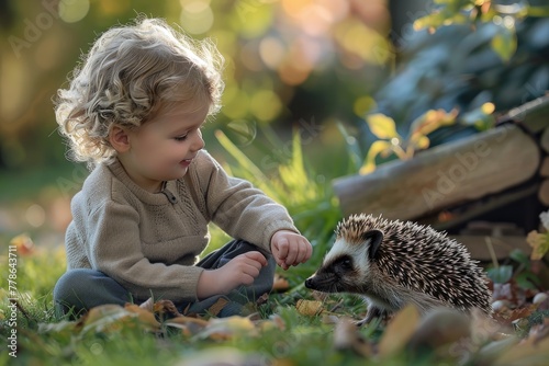 A young child sitting quietly with a hedgehog both showing mutual curiosity in a peaceful garden setting