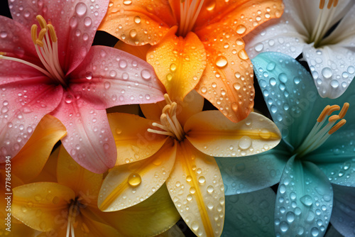 A close-up photo of a Multicolored lily flowers with water droplets. Bouquet of fresh Multicolored lilies.