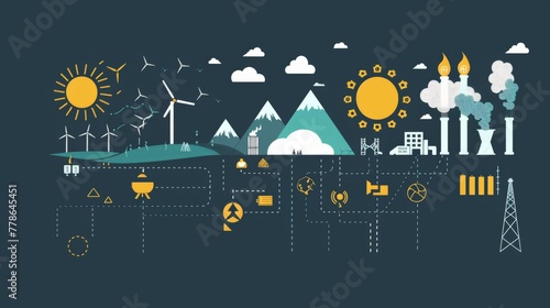 An infographic of global power flow, with icons for oil, coal, sun, wind, and hydro.