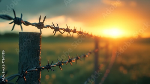 Stark image of a barbed wire fence, representing barriers and divisions within society with insanely extreme texture details. 