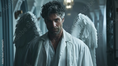 Doctor with angel wings in a white coat. Guardian angel concept. Hero saves lives. Brave courageous man. Medicine uniform. Hospital background.