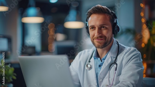 Doctors wear headphones in front of laptops when talking with patients Doctors offer video chat and online consultations.
