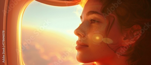 A woman looking out of an airplane window at the sun. Generative AI.