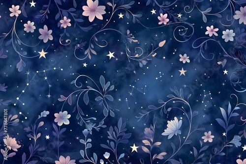 A dreamy depiction of a night sky teeming with stars, intertwined with whimsical florals and ethereal elements, capturing the imagination