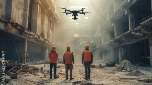A team of expert engineers pilots a drone on a construction site. Architectural Engineer and Safety Engineering Inspector Fly Drone at Industrial Factory