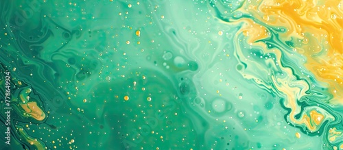 A detailed view of a circular patterned green and yellow marble texture, resembling the fluidity of water droplets on a terrestrial plant, capturing the essence of moisture and dew