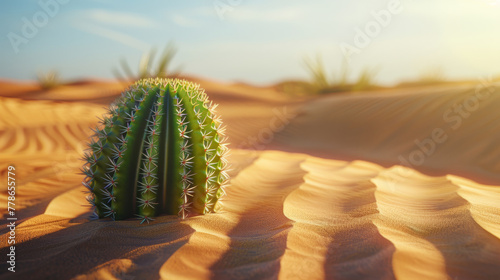 One green cactus in middle of a sand desert