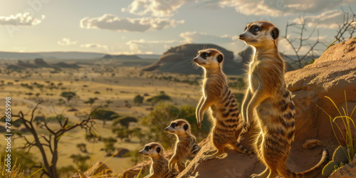 A group of meerkats standing on their hind legs, looking out over the desert landscape in southern Africa