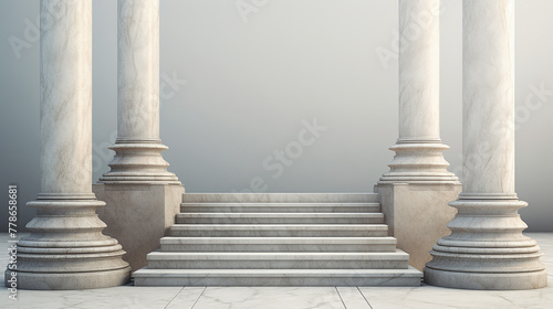 Marble pillars with steps. Stone pillars colonnade and marble stairs detail. The composition evokes the grandeur of classical architecture background