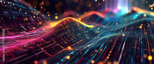 Flowing digital lines with cyberspace background, Light wave, combination of gold, pink, red, and blue hues. Dark background adorned with clusters of blurry dots