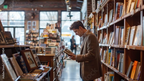 Young professional browsing through a bookstore, selecting books that reflect his diverse interests.