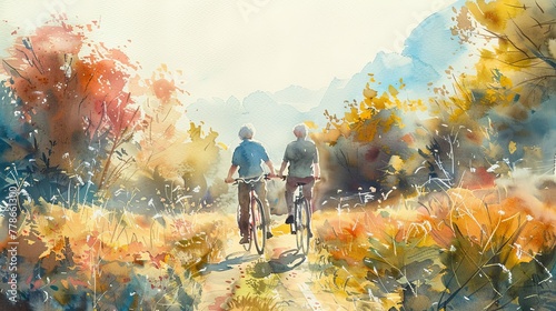Watercolor painting, healthy senior couple bonding enjoying a leisurely bike ride through a scenic trail, happy moment joyful laughing movement, wellness retirement pensioner people activity lifestyle
