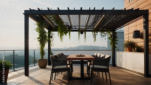 Comfortable outdoor roof terrace including a pergola and minimalist potted plants