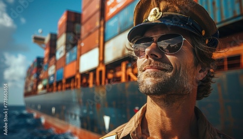 Smiling male sea captain with beard wearing peaked cap and sunglasses standing on deck of cargo ship