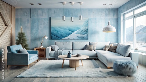 interior of modern bright living room with blue sofa