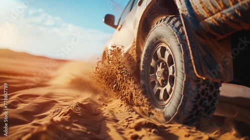 SUV wheel in desert sand with motion