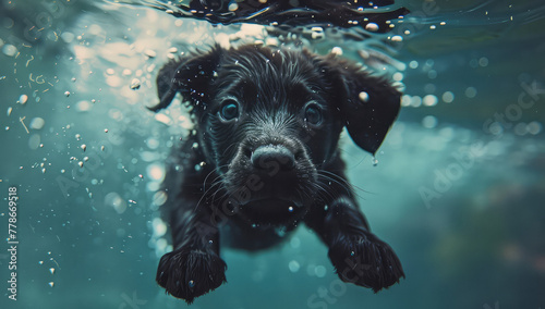 Adorable Cute Black Labrador Puppy Dog Swimming Underwater