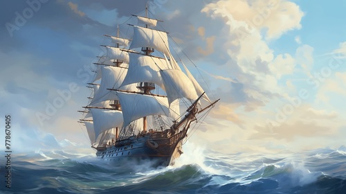 A pirate ship in the ocean, a storm and a beautiful fantasy sky in the background. Generative AI