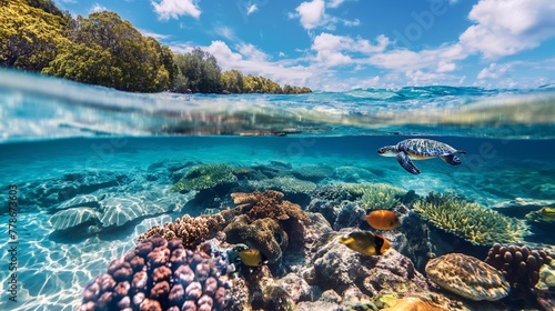 you can see the underwater world with a horizon line dividing the water surface and the sky. locations with incredible natural underwater world for snorkeling and diving for island tourists