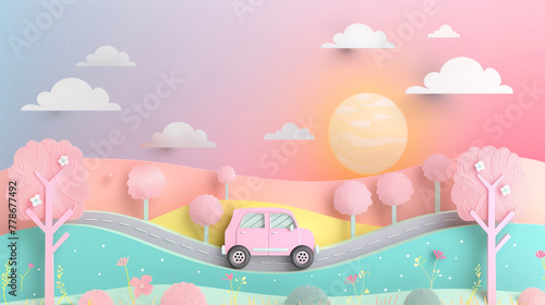 Beautiful journey road trip with car in spring and paper cut style natural pastel color scheme background.