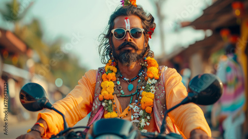 Brutal Indian man in traditional attire wearing glasses on a motorbike. Lifestyle. The concept of a serious man. For banners, posters, backgrounds, adverts, blogs, concept art.