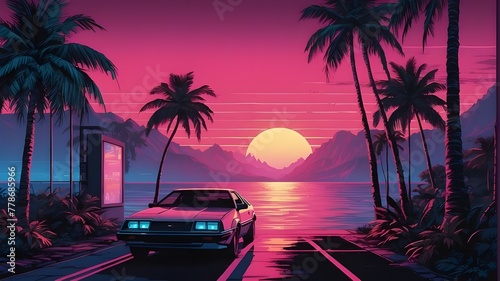 Outrun Synthwave is a retro aesthetic from the 1990s featuring pink and blue tropical sunsets and palm plants.